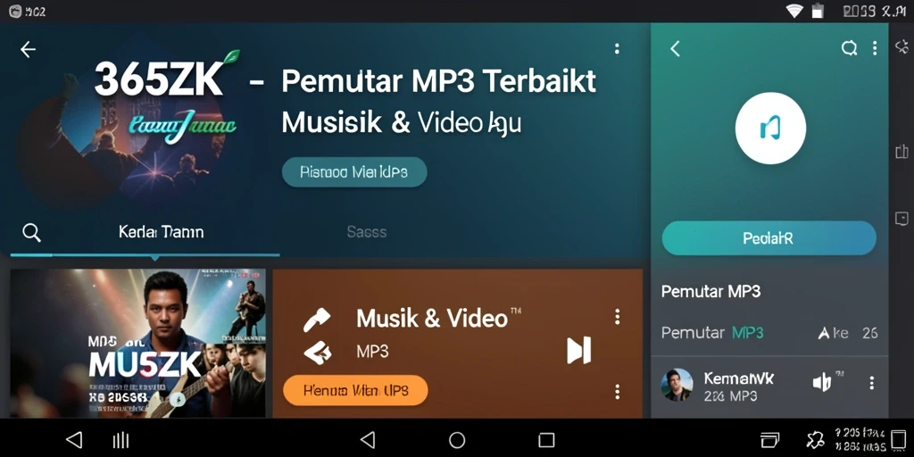 Screenshot aplikasi 365ZK menunjukkan antarmuka Pemutar MP3 yang intuitif.