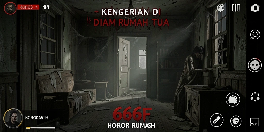 Tampilan antarmuka menegangkan dari game horor 666F saat menjelajahi rumah.