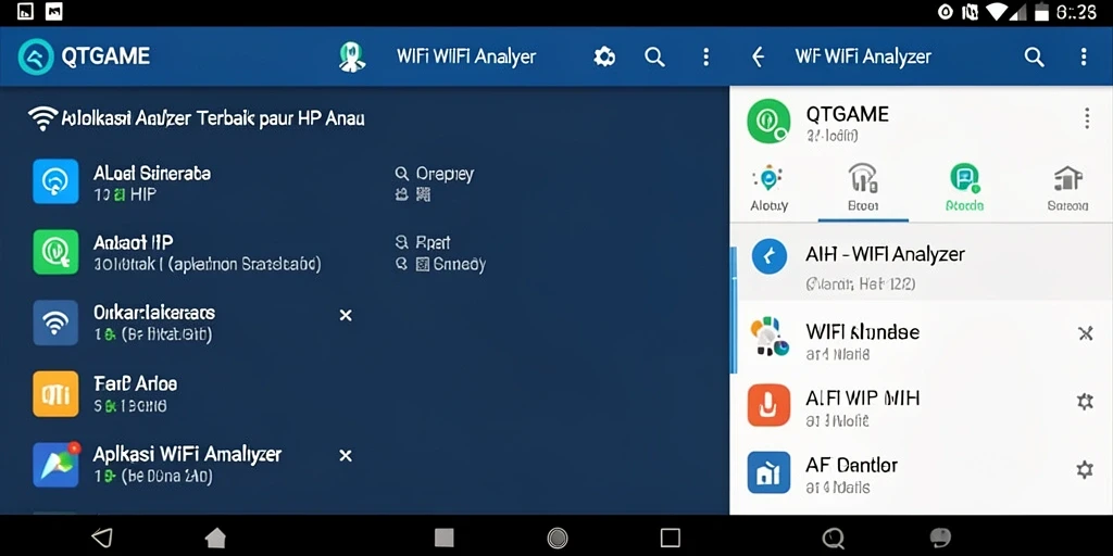 Tampilan utama QTGAME menampilkan analisis sinyal jaringan WiFi yang lengkap.